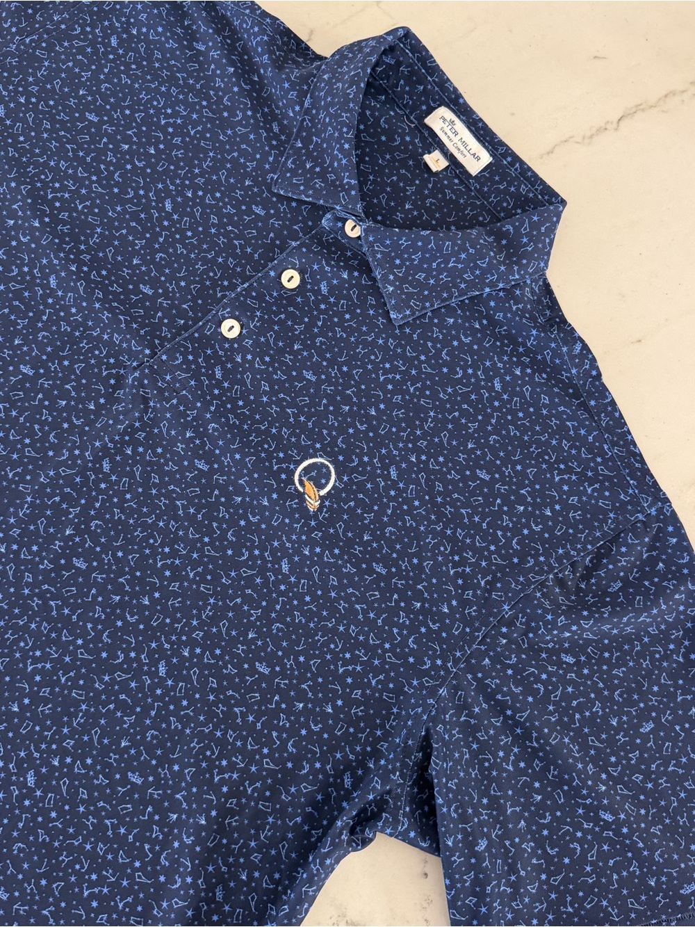 Peter Millar Summer Comfort Polo Men L Blue Constellation AOP Quail Hallow